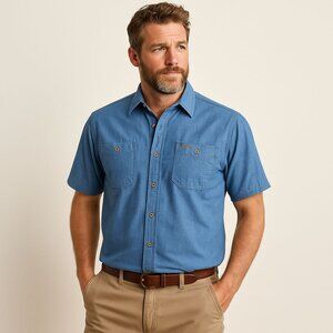 Orvis Classic Collection Woven Tech Shirt Blue Short Sleeve Button Down Size M